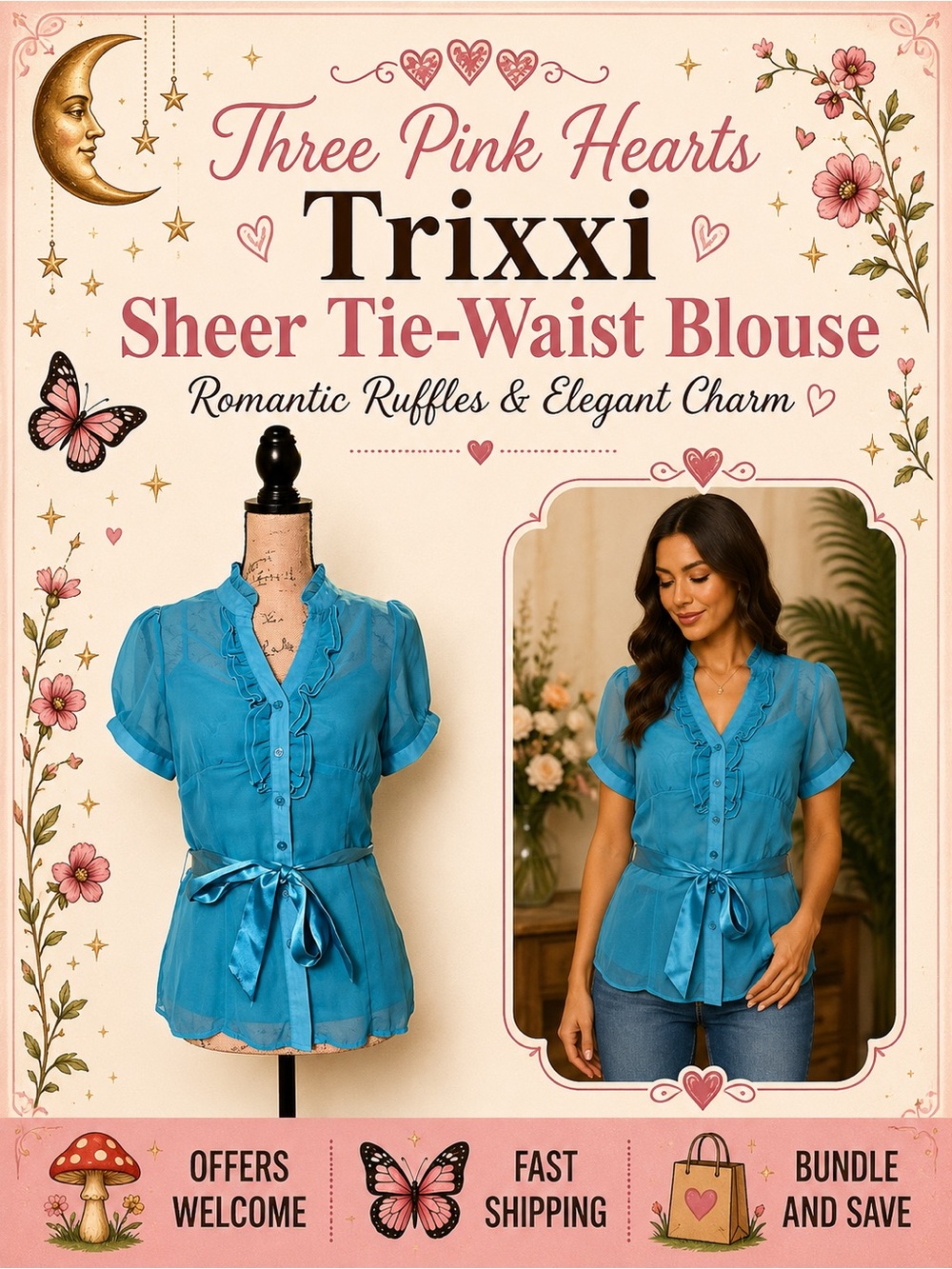 Three Pink Hearts Trixxi Turquoise Sheer Ruffle Blouse & Camisole Size M